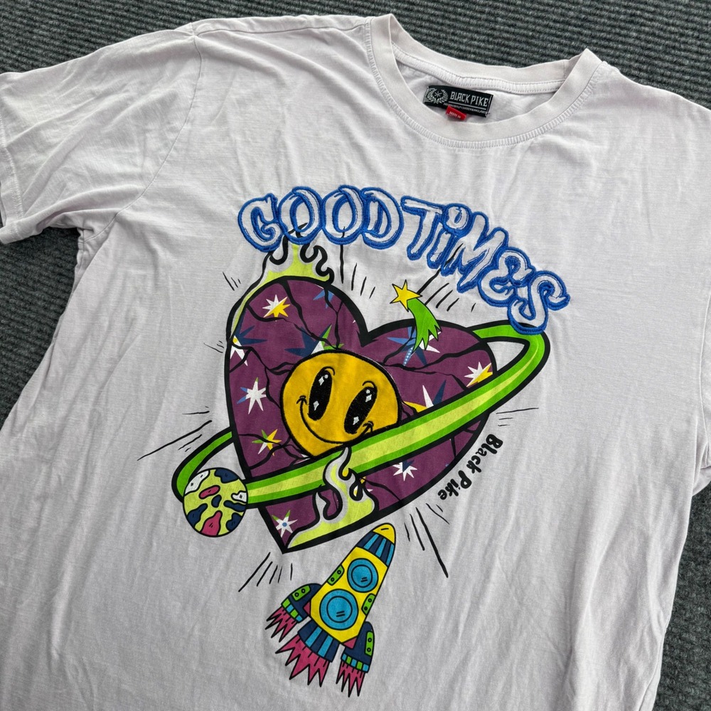 Black Pike Good Times Mens Large Light Purple Heart Smiley Face Graphic Tee